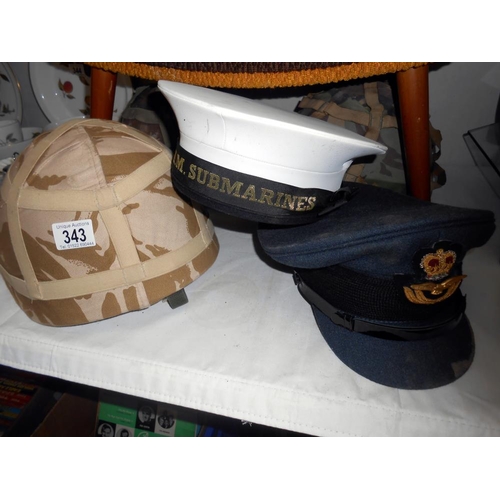 343 - 5 military helmets/caps including No.1 dress RAF officer and H.M. Submariner cap, all need cleaning ... 