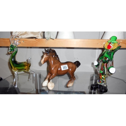 353 - A Beswick shire horse, Murano clown glass figure and a glass figure of a deer (the deer has some rou... 