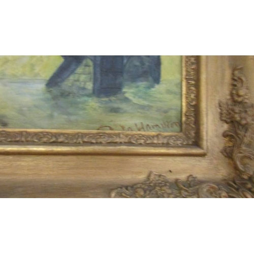 1075 - A framed oil on board painting signed Hamilton, frame a/f.