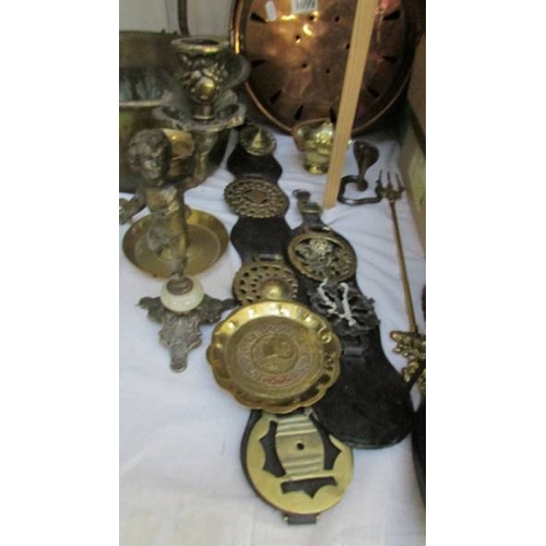 1099 - A copper warming pan, a brass jam pan, horse brasses etc.,