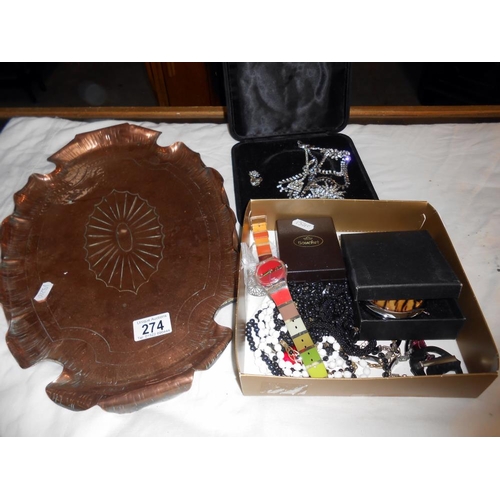 274 - A box of assorted jewellery, and misc items including a copper tray & collectable Swatch watch