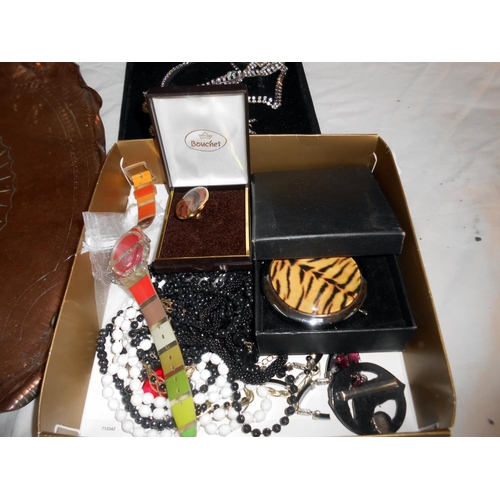 274 - A box of assorted jewellery, and misc items including a copper tray & collectable Swatch watch