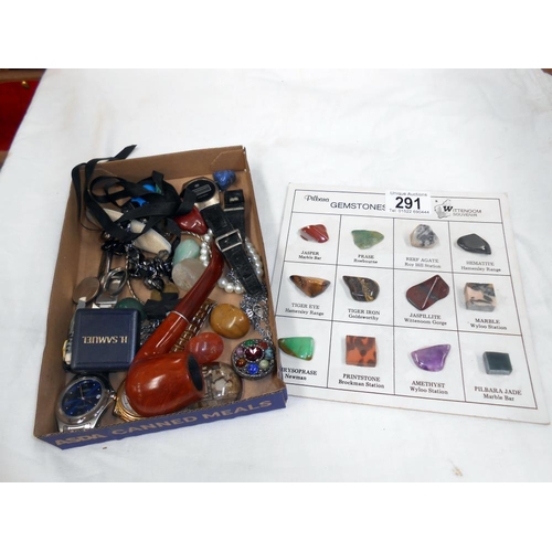 291 - A tray of misc polished gem stones, wristwatches etc.