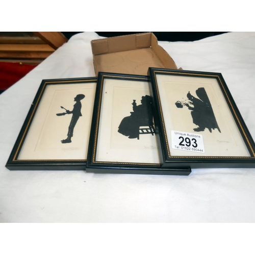 293 - 3 Dickens framed and glazed silouhettes, Scrooge, Oliver Twist and Mrs Bondell