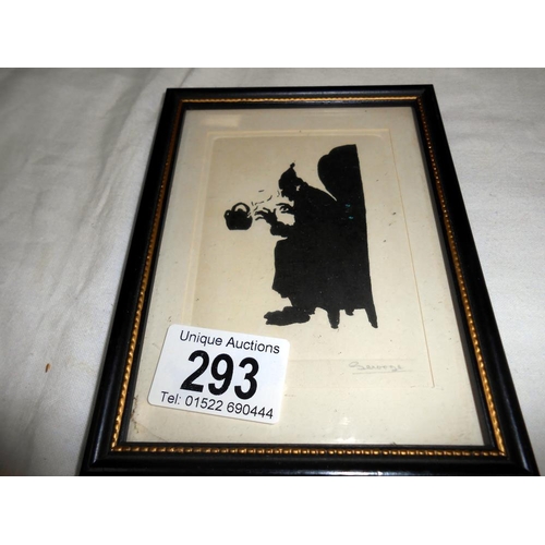 293 - 3 Dickens framed and glazed silouhettes, Scrooge, Oliver Twist and Mrs Bondell