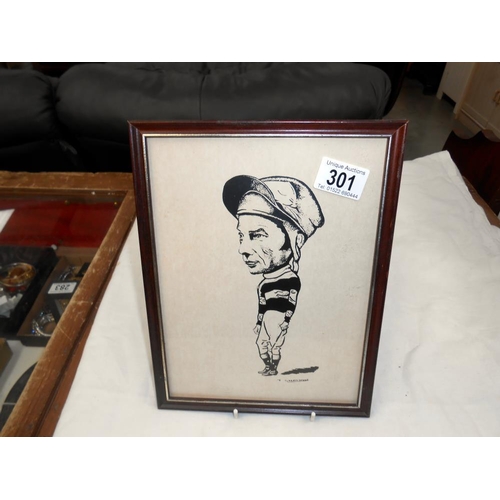 301 - A framed and glazed Lester Piggott caricature style picture by Greenwood, size 27.5cm x 21cm approx.