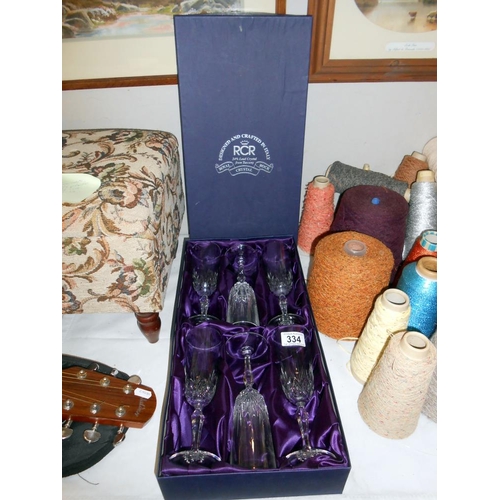 334 - A boxed set of 6 Royal Crystal Rock champagne glasses, all in good order