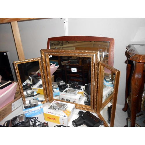 348 - A gilt framed triple dressing table mirror (some minor chips in places) Height 49.5cm,  and a wooden... 