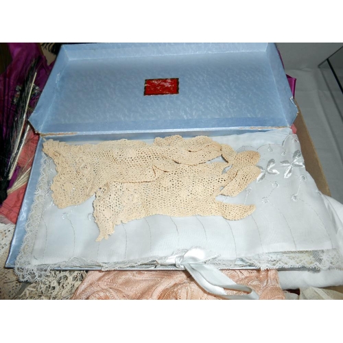 356 - A box of assorted textiles including lace, dresses, accessories a/f