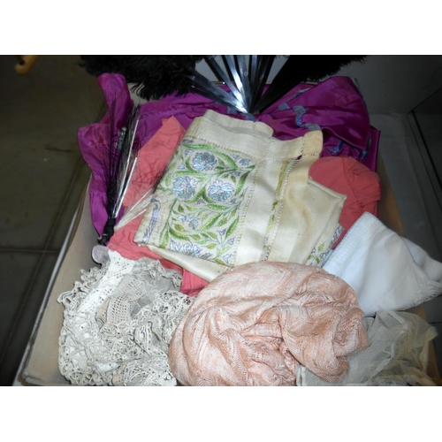 356 - A box of assorted textiles including lace, dresses, accessories a/f