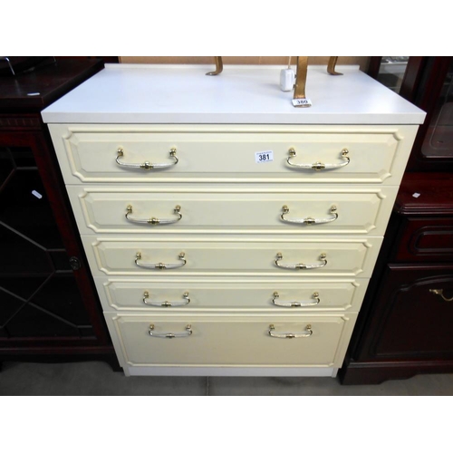 381 - A white melamine bedroom chest with gilded drawer handles, Height 98cm, width 76.5cm