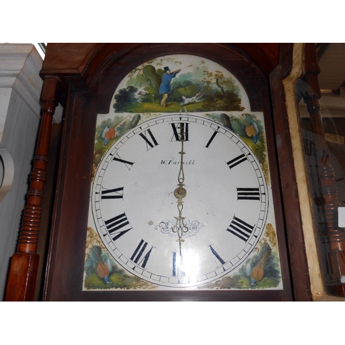 390 - A Victorian oak cased 30 hour longcase Grandfather clock painted arch dial hunting scene W. Farnill ... 