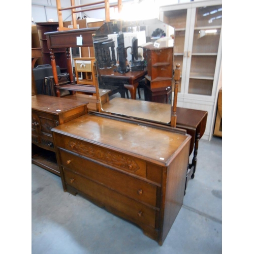 459 - A 1930's oak mirror back dressing table, height 150cm, width 108cm approx.