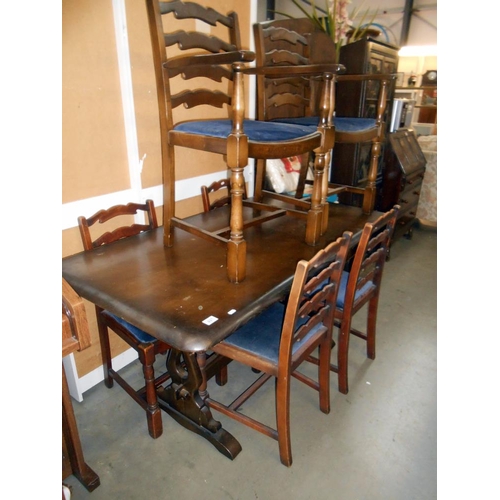 497 - A dark oak refectory style dining table and 6 ladderback chairs, height 78cm, top 81cm x 154cm appro... 