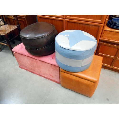 521 - A pink ottoman, 2 pouffes and a footstool/storage box