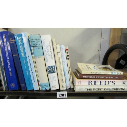 1201 - Four shelved of nautical related books (History, sailing handbooks, skills etc.,).