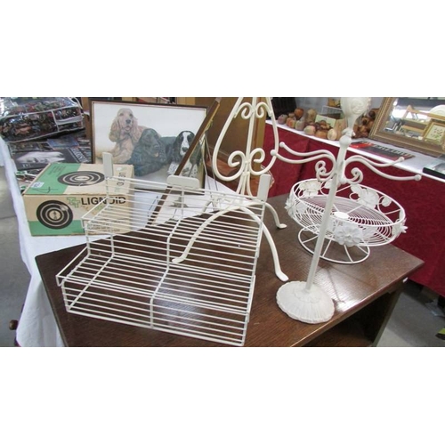 1221 - A painted wrought iron plant stand, a necklace stand and 2 other items.