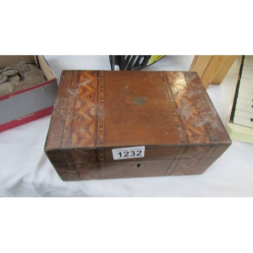 1232 - An inlaid box (no key and in dirty condition) and a box of very dirty coins.