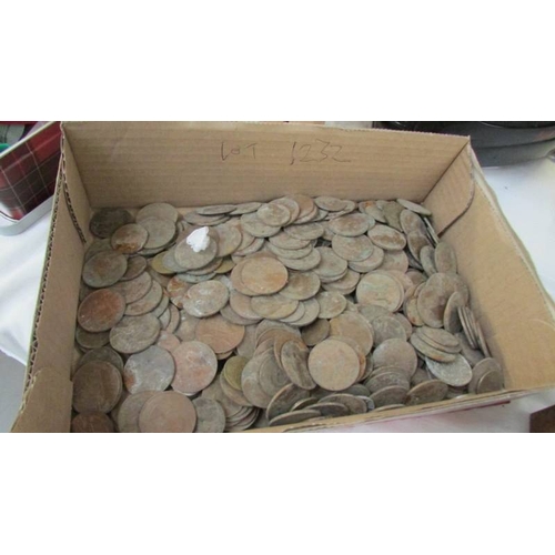 1232 - An inlaid box (no key and in dirty condition) and a box of very dirty coins.