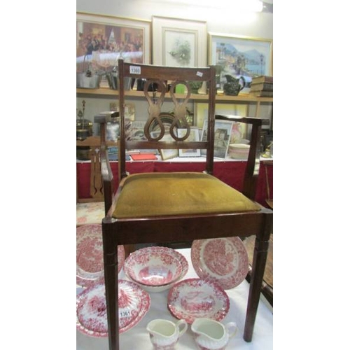 1360 - A pair of mahogany bedroom chairs with brown dralon covers.