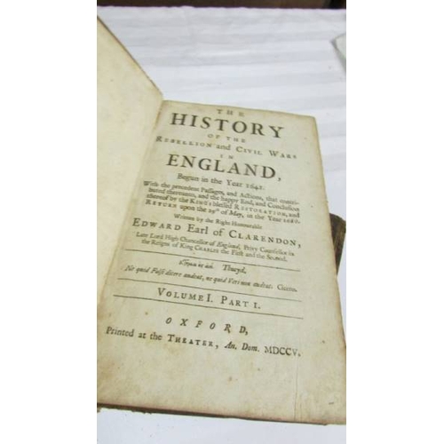 2172 - 4 antiquarian books including Clarendon The History of the Rebellion and Civil war in England, 1755 ... 