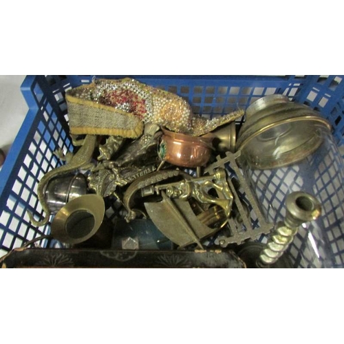 2209 - An interesting tray of items including brass, metal ware, candlesticks, hip flask, old box, ephemera... 