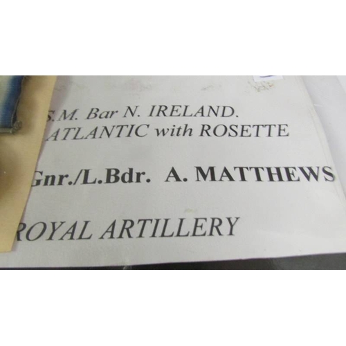 2249 - A South Atlantic medal with rosette and a G.S.M bar Northern Ireland to G.N.R A Matthews, R.A.