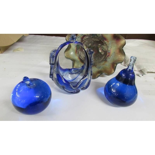 2270 - A carnival glass bowl, 3 Uredale glass paperweights, a blue glass apple and pear etc.,(blue basket h... 