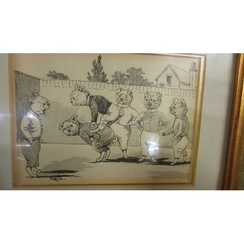 2271 - 5 small framed and glazed pictures including dogs playing leapfrog, cat cartoon by Louis Wain, a sil... 