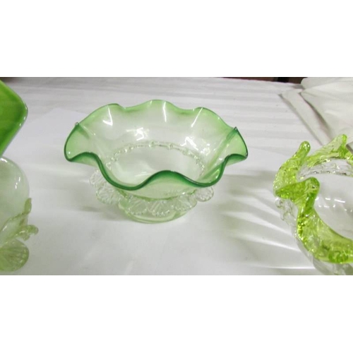 2274 - 4 pieces of Victorian glass.(The light green-tipped bowl has a crack, ruby glass flower has a small ... 