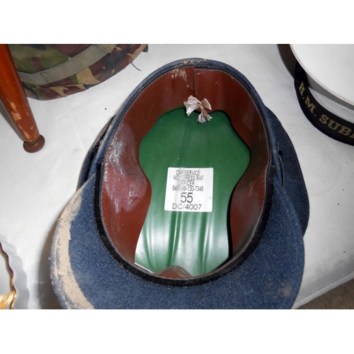 343 - 5 military helmets/caps including No.1 dress RAF officer and H.M. Submariner cap, all need cleaning ... 