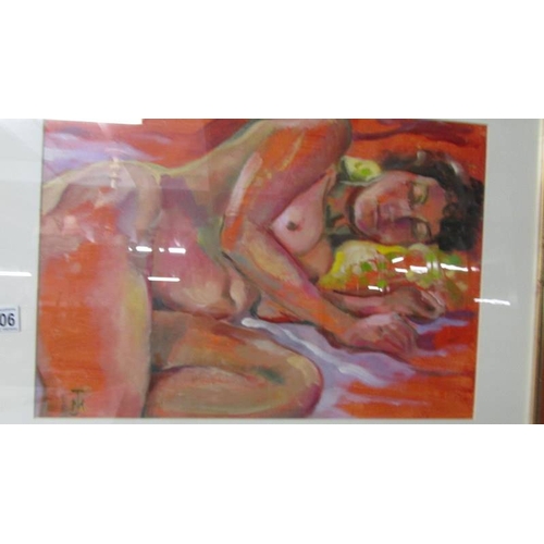 2306 - Michael Jenkins, Modernist acrylic painting of a reclining sleeping female nude signed with initials... 