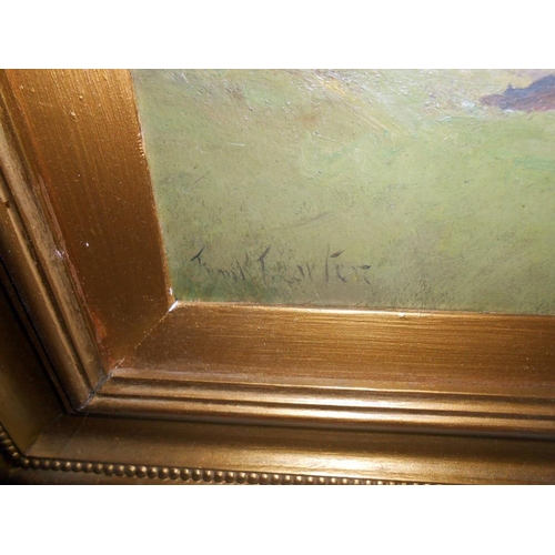 2184 - A gilt framed oil on board rural scene, signed but indistinct.