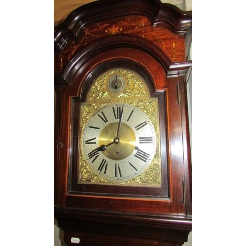 2452 - A mahogany cased 8 day brass dial Grandfather clock with inlaid door and base.