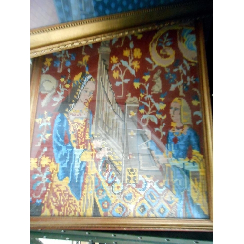 40 - 2 framed & glazed tapestry pictures (still life & Elizabethan scene) & a framed & glazed modern samp... 