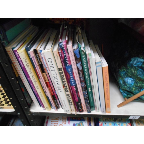 57 - 2 shelves of assorted craft books, mainly quilt making, silk painting, embroidiery etc. plus 2 knitt... 