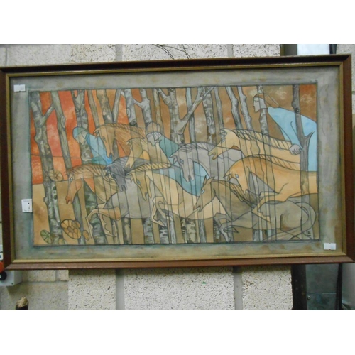 77 - An unusual framed and glazed watercolour of figures on horses with trees signed LE