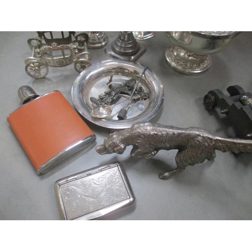 1242 - A mixed lot of silver plate including springer spaniel, canons, small gallery tray, candlesticks etc... 