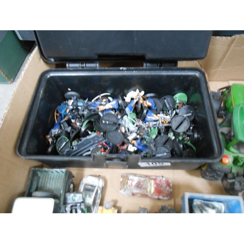 105 - A box of playworn diecast including Dinky, Lesney etc, also Tonka and Games workshop figures all in ... 