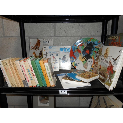 115 - A good lot of vintage books on birds including a selection of Observer books plus a framed and glaze... 