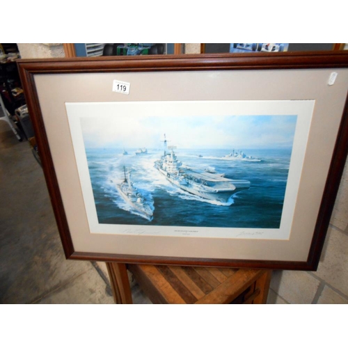 119 - A framed and glazed print by Robert Taylor entitled 'South Atlantic Task Force' (76cm x 59cm) and a ... 