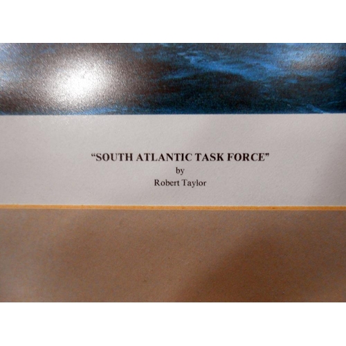 119 - A framed and glazed print by Robert Taylor entitled 'South Atlantic Task Force' (76cm x 59cm) and a ... 