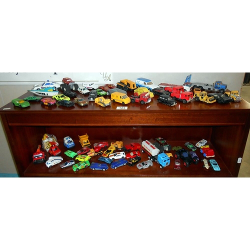 123 - 2 shelves of mixed diecast including Corgi, Matchbox, Hot Wheels etc.