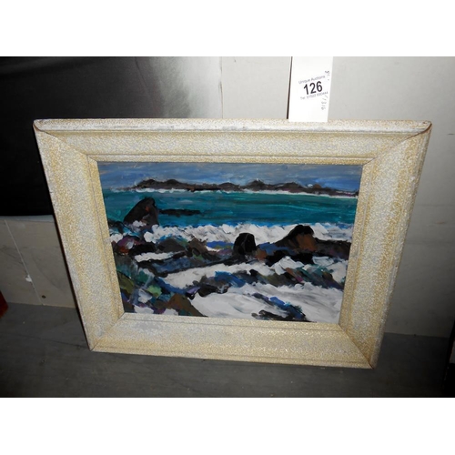 126 - A framed 20c acrylic on board, Scottish school titled 'A rocky shore, Iona' unsigned