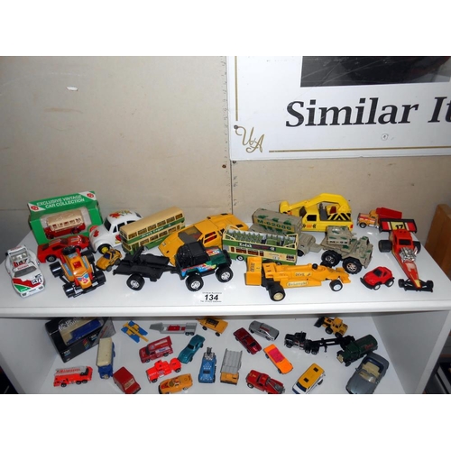 134 - 4 shelves of mixed diecast including Corgi, Matchbox, Hot Wheels etc.