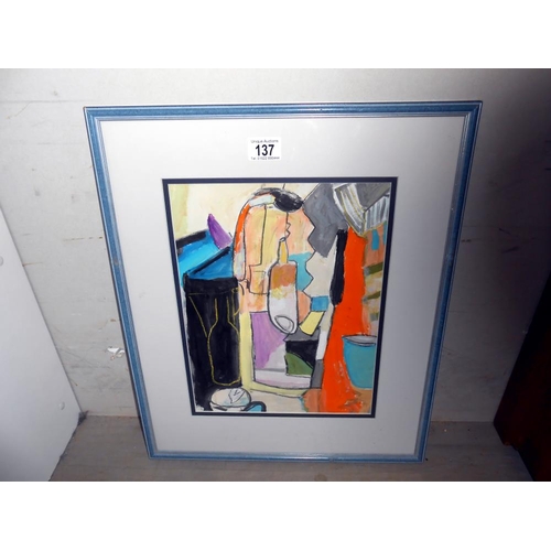 137 - A framed and glazed acrylic on paper abstract still life with bottles, St.Ives