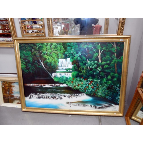 1406 - A large oil on board of a waterfall scene, signed Jeff Jamaica (118cm x 163cm)