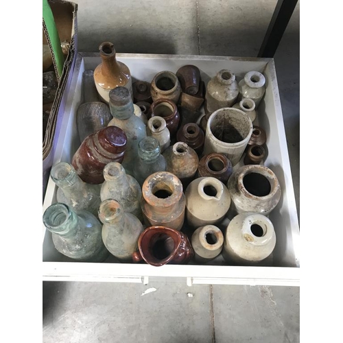 41 - A box of clay glazed pots & bottles & another box of bottles