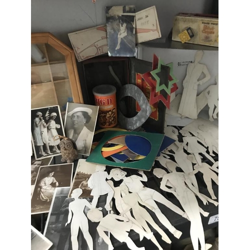 75 - A collection of stencils, photo's, tins & display cabinet etc.