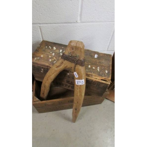 2713 - Two old wooden boxes and two other items.